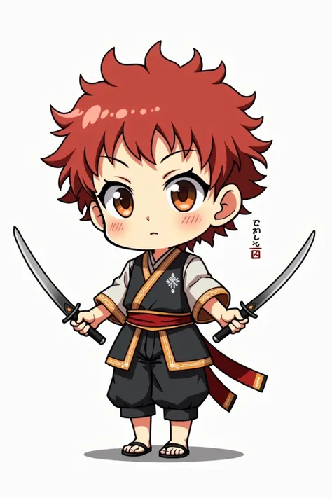 anime boy with red hair holding two swords in his hands, an anime drawing inspired by Tōshūsai Sharaku, pixiv, shin hanga, anime chibi, chibi anime, chibi art, from kenshin, rurouni kenshin, ryuu, chibi anime boy, style as nendoroid, advanced digital chibi...