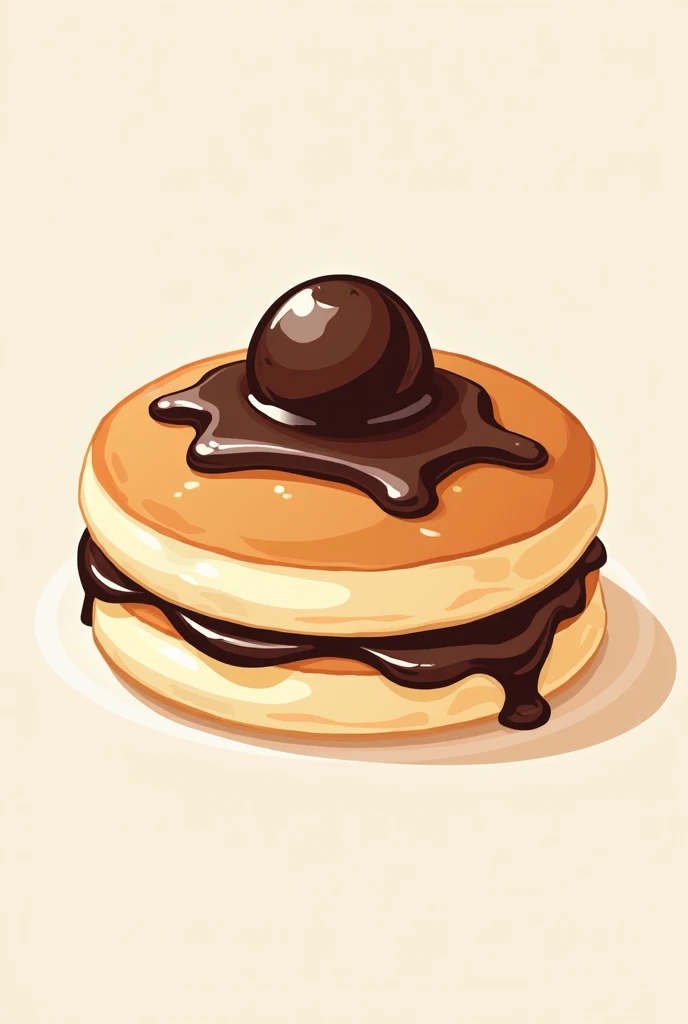 Classic styl logo of “japanese souffle pancake”  a pancake with chocolate sauce on top with additional boba topping arranged in two layers, animation art ilustration, classic colors.
