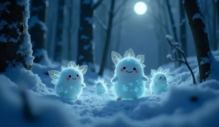 Deep in the forest, The Snow Sprites(Tiny, glowing creatures resembling mini snowballs with wings made of snowflakes. They emit a soft bluish-white light and have playful, expressive faces with little button-like features.)appears in the dark forest at nig...