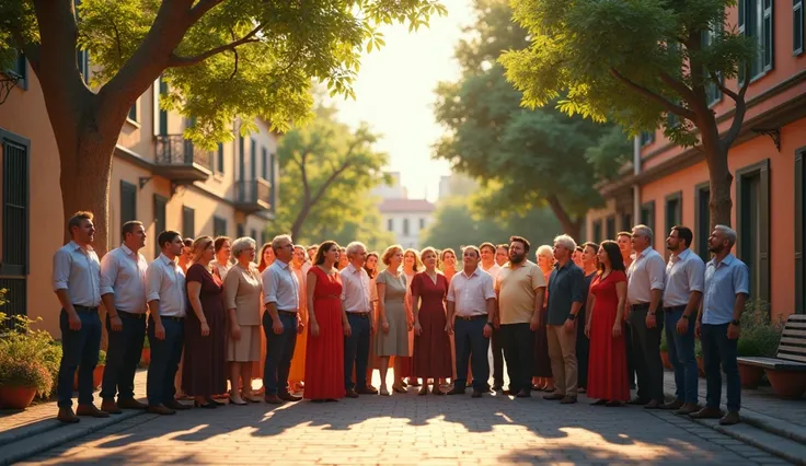 A city street, wide sidewalk, a two-story house, in the street a choir of about 20 people, residents of this house, sing an Italian love song. Photographic style, realistic, high quality.