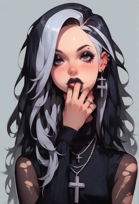 score_9, score_8_up, score_7_up, Goth girl, Goth girl 1girl 1girl,One, long hair, looks at the viewer, simple background, black hair,  jewelry , grey hair, colorful hair,necklace, black eyes ,gray background,necklace,( hair in one eye ), two-tone hair ,cro...