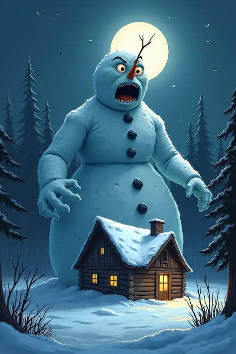 A giant snowman destroying a cabin window,  is scared and its night and the moon is full 