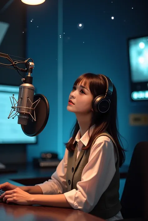 A Stately Japanese Female Radio DJ, Look up at the stars in the sky while wearing a small vest ,Sitting in a professional studio ，Look confident,   talking with a high quality microphone  , ( top quality ,4K,【8k, high resolution ,masterpiece:1.2), super de...