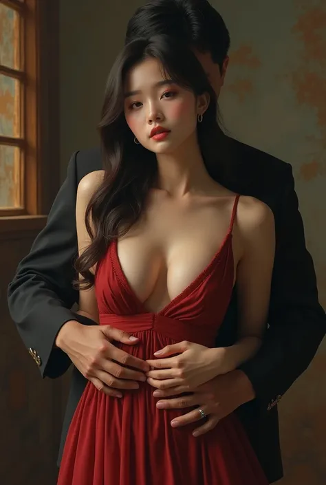 a beautiful young korean girl, extremely large breasts, deep cleavage, sexy sensual dress, her father hugging her from behind, cinematic lighting, hyper detailed, 8k, photorealistic, masterpiece, dramatic lighting, painterly, award winning, digital art