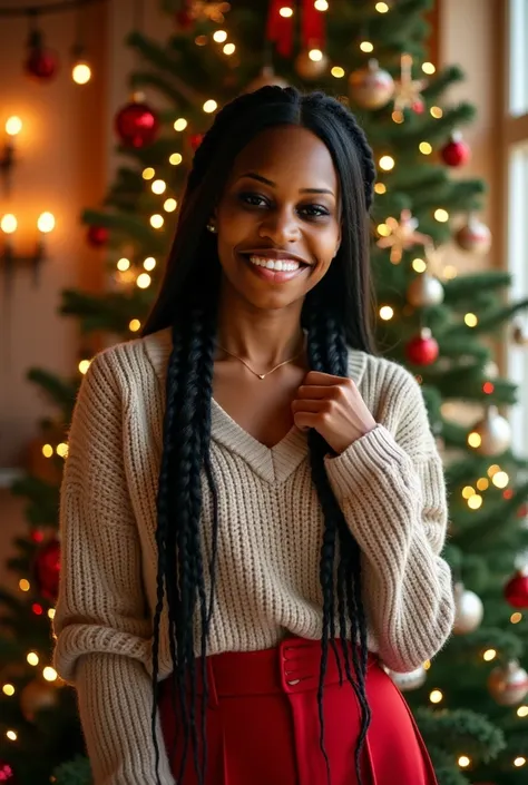 a brown woman with long braided black hair, wearing a christmas outfit, background christmas tree