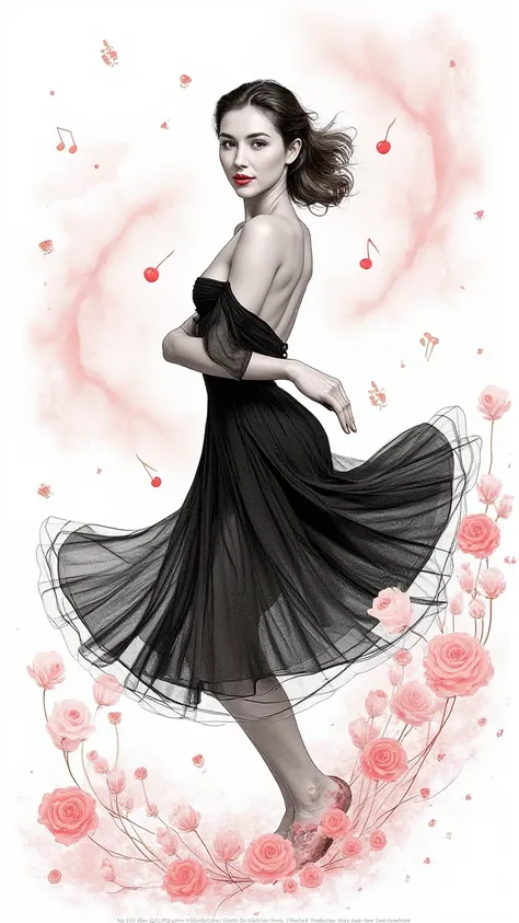 A captivating black pen drawing style sketch of a beautiful, angelic-faced woman, depicted as a charming tango dancer. She is elegantly posed in motion, embodying the essence of music and dreams. Dressed modestly in a stylish black tango dress that gracefu...