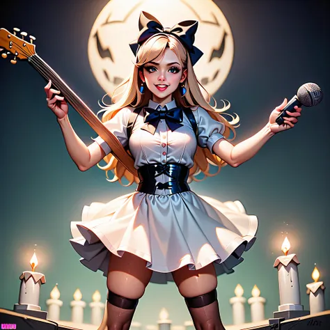 Powered by Stable Diffusion 
Model : blue_pencil-XL
Pronpt :
Alice in Wonderlands graveyard rock concert: Alice, with her iconic blue and white dress and black bow, passionately sings into a microphone while playing a black electric guitar. The stage is se...