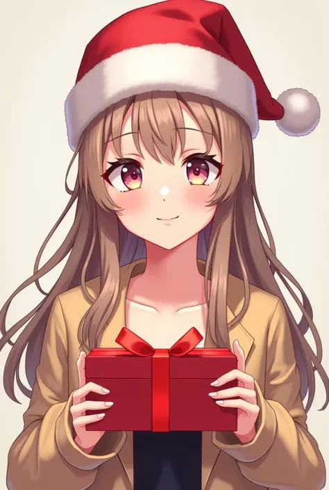 Generate a anime girl 20 years age holding a red coloured Opend Gift box facing right side and wearing Santa hat 2d image full character 