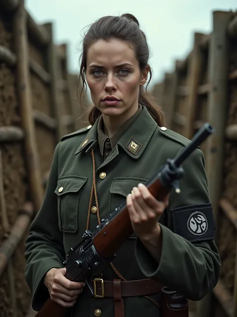 Beautiful German soldier woman in a 1944 uniform, standing in a German trench and holding a German Sten Gun, historical accuracy, high detail in shape, cinematic style