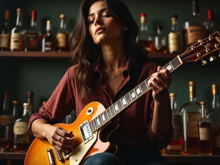 Beautiful American woman playing electric guitar full of reverence and bottles and glasses filled with whiskey