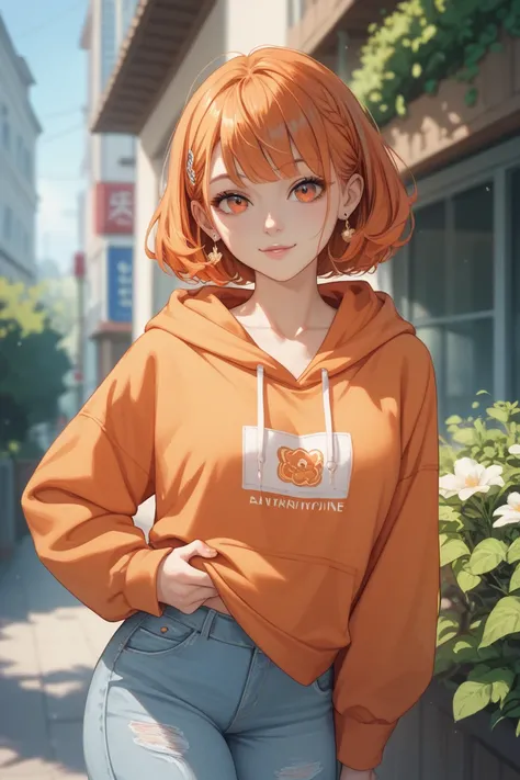  orange hair、 orange eyes、オレンジ色のパーカー、 girl、Orange hoodie with tangerine motif 