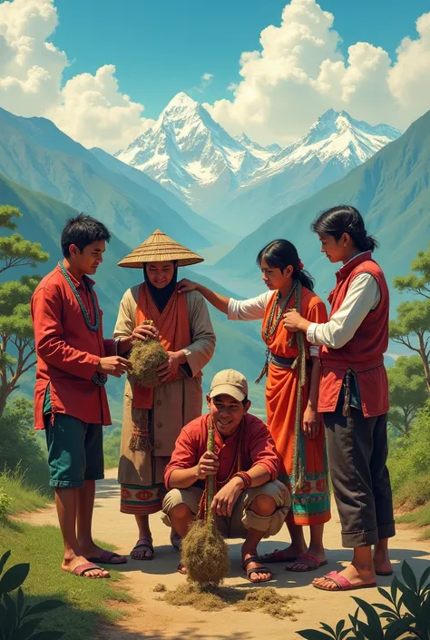 create a beautiful picture shwing nepal culture and tradition where 6 people are doing one work by helping each other there should be moutain hill and terai region and dress wearing different culture