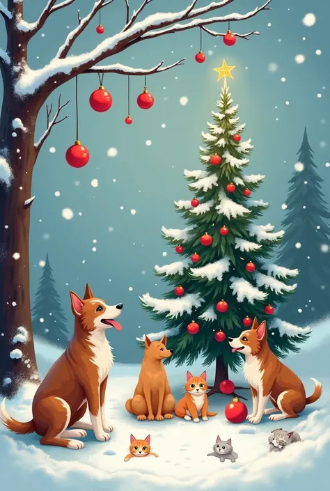  Would you make me some nice Christmas card with snow, carob tree , with red ornaments ,with dogs , cats .....