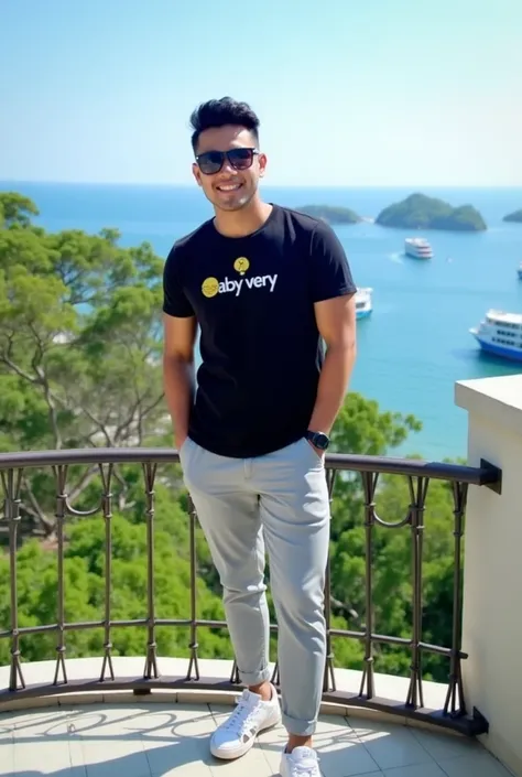 A handsome Indonesian guy stands on a balcony with a view of the sea and trees behind him. He is wearing a black t-shirt with the logo "aby very," light gray trousers, and white shoes. The man is also wearing sunglasses and looks relaxed with one of his ha...