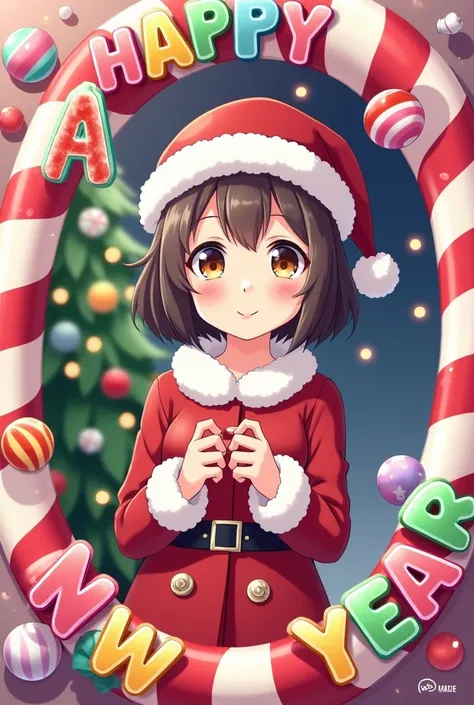  An anime-style New Year picture with a candy frame with the letter A in the corner, and an anime girl dressed as Santa ,  with a Christmas tree and a beautiful Happy New Year lettering  