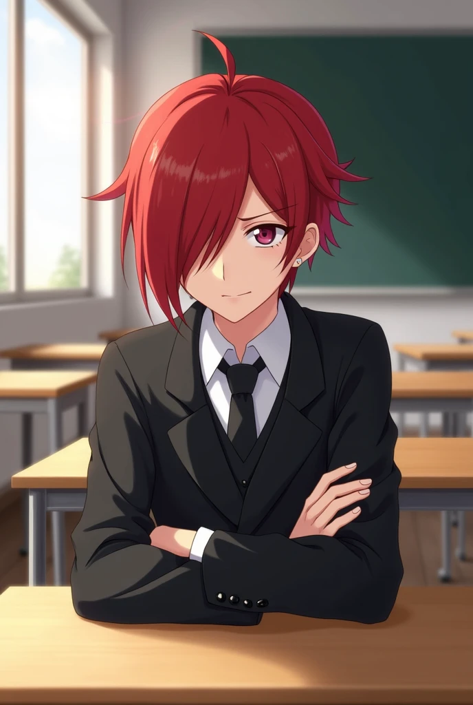 A high school boy with red hair, wearing a black school uniform with a slightly rebellious look, sitting in a modern Japanese classroom. His left eye is hidden behind his hair, giving him a mysterious appearance. The classroom is bright with sunlight strea...