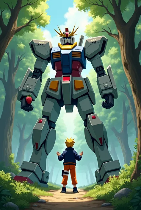 Naruto summoning a Gundam wielding a strawberry-shaped weapon in a forest