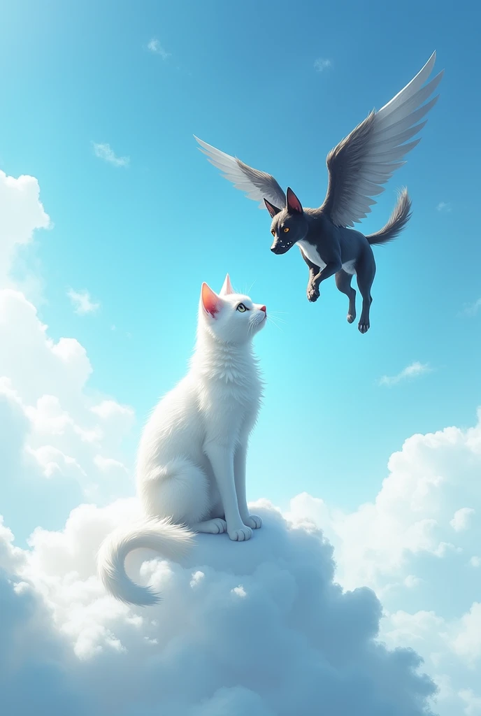 White cat waiting in the sky for a black dog with wings, white spots on the face, chest and legs