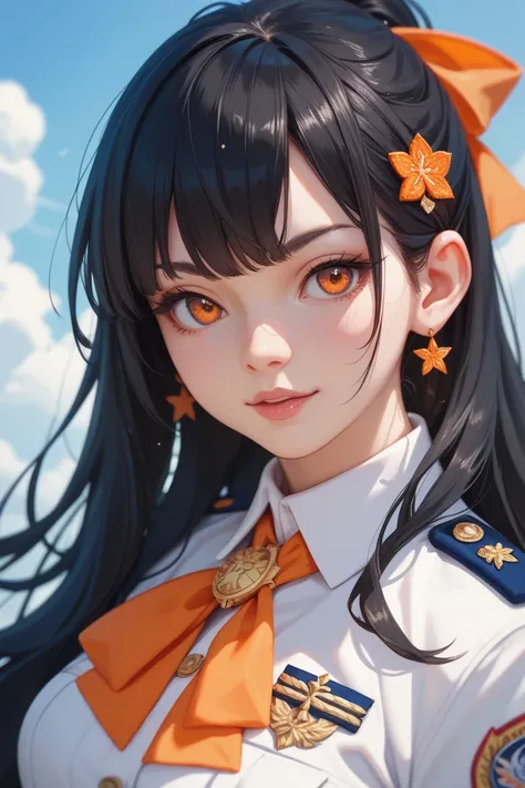  black hair long、inner orange、 orange eyes、orange ribbon uniform、 girl