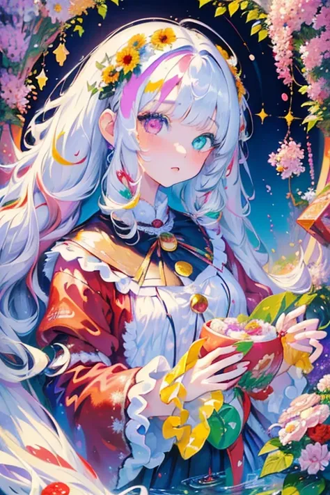  One girl ,  young girl, Curly Hair, bangs,  twin tails,  side tail, ( Heterochromia ),  Women, Santa Claus Clothes, (( detailed face )), (( close)),  colorful な背景, ( colorful ), ( lots of flowers )