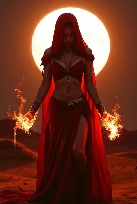 alone,full body,a woman,(dark Red clay color, ,soft silk cloth,very deep hood that covers almost her face,off shoulder, Crop top outfit,off shoulder,tiny skirt,Knee-length), flames coming out of both hands ,desert, white full moon behind her,from front,