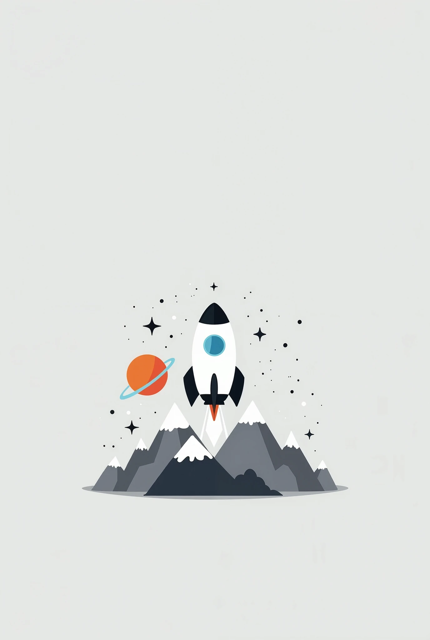 Image is a minimalist digital illustration featuring a stylized space scene. The layout is centered with a light gray background. The main subject is a cartoon-style rocket, predominantly white with black accents, launching from a cluster of gray and white...