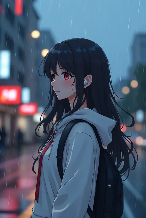  Stylish and cute looking woman with long black wavy hair, Wired earphones , And the shirt has a white hood, Exhaust muffler,  standing on the side of the road  , Waiting for bus  , rain,  see raindrops  ,  facing the sky , bitter brow  ,beard ,  smileWarm...