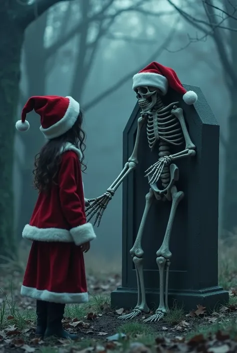 A horror shot of 18 years old girl standing near a grave one grave top cover opens and Santa Claus coming out and catch her leg and drag into grave, scared facal express for girl and scary skeleton for Santa Claus 