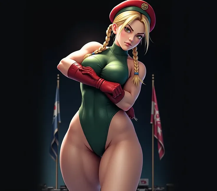 "A personagem Cammy do Street Fighter 2, in a classic fighting pose. She is wearing her iconic military green outfit., with a tight swimsuit, red gloves and red beret. Her blonde hair is tied into two long braids., And your gaze is determined, with well-de...