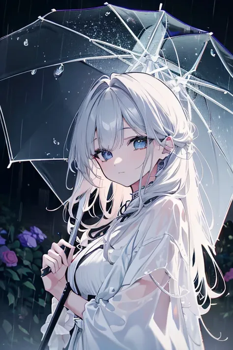 a rainy garden, a young woman with long hair standing in the rain, wearing a white dress, holding a colorful umbrella, (best quality,4k,8k,highres,masterpiece:1.2),ultra-detailed,(realistic,photorealistic,photo-realistic:1.37),HDR,UHD,studio lighting,extre...