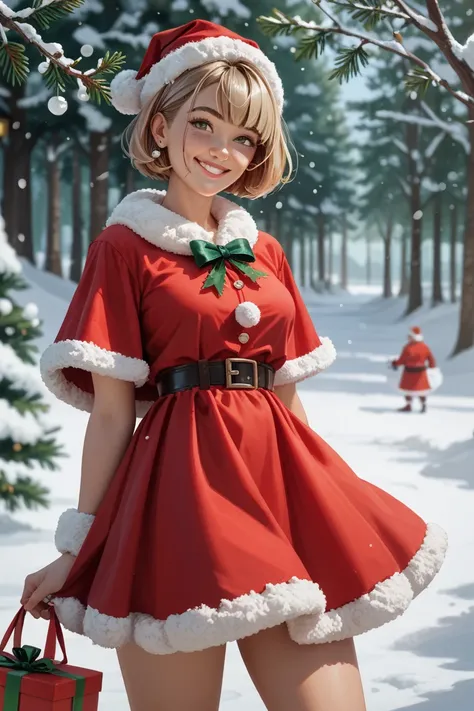 The snowy background 、 a short bob girl wearing a red Santa Claus-style dress is smiling。 has a cute white fur border and 、 has a gift bag in her hand 。