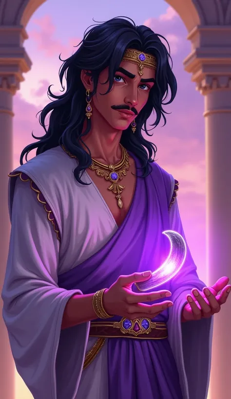 Anime style illustration , young boy with brown skin and muscular physique , wearing purple and white arabic indian vibe outfits , long black hair , nice moustache , handsome , holding a purple hologram of a small broken tusk 