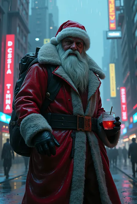 Generate a Christmas wallpaper for your phone in a Christmas atmosphere. Very realistic in the cyberpunk theme. Add Santa Claus with a drink. Santa is supposed to be dark and scary.