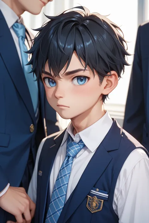  black hair center part 、mesh light blue 、Light blue eyes、 light blue tie school uniform、 boys、Young face