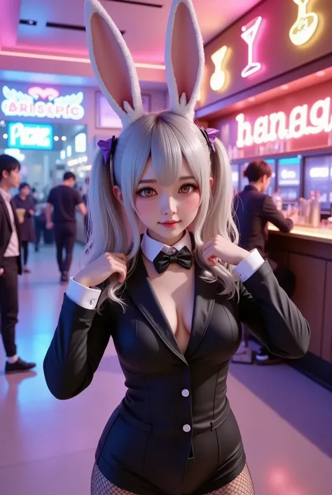 cheerful bunny girl with silver hair and fluffy bunny ears, accented with a small purple ribbon, her golden eyes glowing with a playful charm, she strikes a fun and teasing pose with her hands raised near her head like bunny ears, wearing a classic black b...