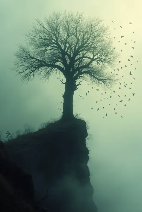 Tree without eyes on a blustery autumnal peak with fog from which mobs of birds escape simulating leaves with the inscription Genesis wind and wuthering