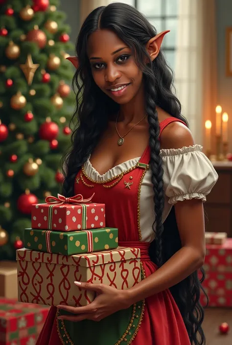 a woman brown skin with long braided black, wearing an elf-themed apron dress, holding presents, playful and festive, background christmas tree and gift next the tree