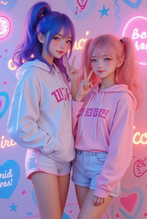 two stylish girls standing side by side in oversized hoodies, the girl on the left has blue hair tied into a high ponytail with loose curls, wearing a white hoodie and matching sneakers, her pose casual with one hand in her pocket and the other touching he...