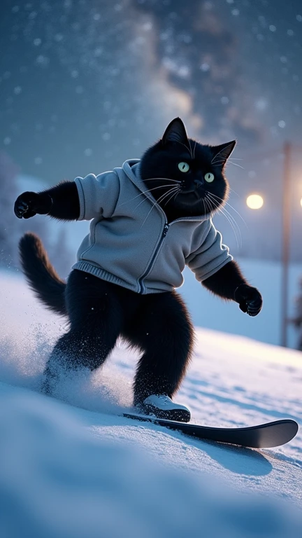 Super realistic, photorealistic, dramatic scene, shadow, global illumination, a huge black cat that is cute like a human is snowboarding on the snow (lowing ears, chubby, sliding snowboarding like a human, bending knees and oblique, sliding like a professi...