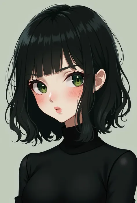 Make a girl with shoulder-length black hair with very white skin with dark green eyes with a slight pinkness on her cheeks with a slightly short stature dressed in black com sem ser asiática com a cara sorridente 