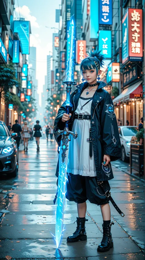  Ultra Realistic Full Body Photo ,A young girl，身穿龐克風连帽Knights Templar裝, holding a blue glowing sword,Knights Templar，With Cybo Punk City as the background