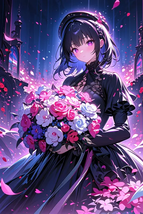 1girl,,face not visible,black Gothic dress,black hat,white bouquet,(holding white bouquet),standing,front,(black petals flying in profusion),Rain of petals,many petals,innumerable petals,petals floating in the air,Art Deco,Color Field painting,rococo style...