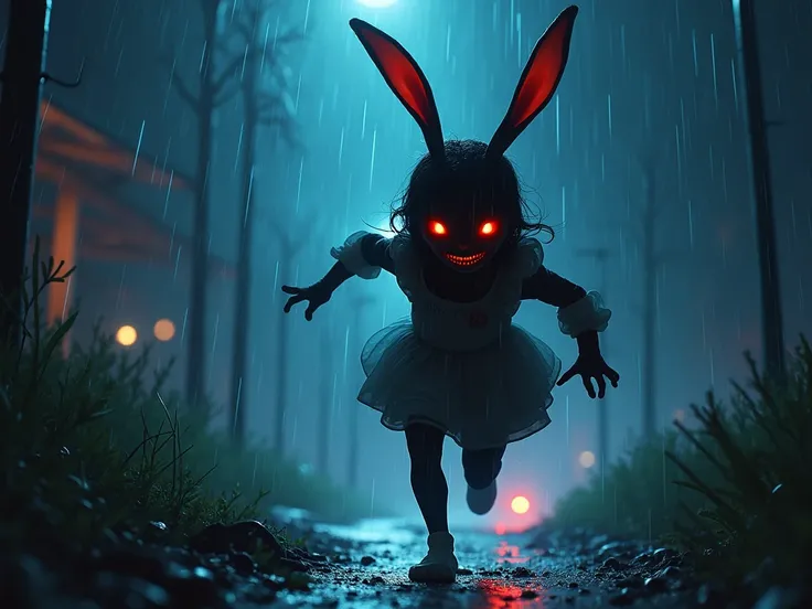 running creepy  little  japanese alien  anime   alice in wonderland  whit bunny ears ,   , l, detailed scene,black, perfect face, intricately detailed photorealism, trending on artstation, neon lights, rainy night, stunning full body anime art    by Mark R...