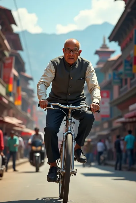 kp oli riding a cycle in kathmandu valley