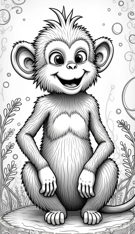 Adult coloring book, fantasy monkey, simple background