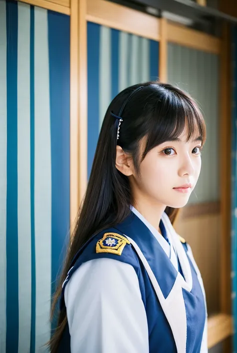 Portrait of Japanese woman with cute and very beautiful face and beautiful body, wearing cool uniform and room background