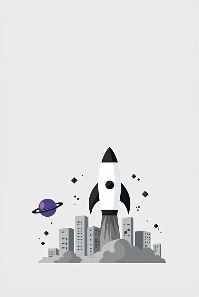 Image is a minimalist digital illustration featuring a stylized space scene. The layout is centered with a light gray background. The main subject is a cartoon-style rocket, predominantly white with black accents, launching from a cluster of gray and white...