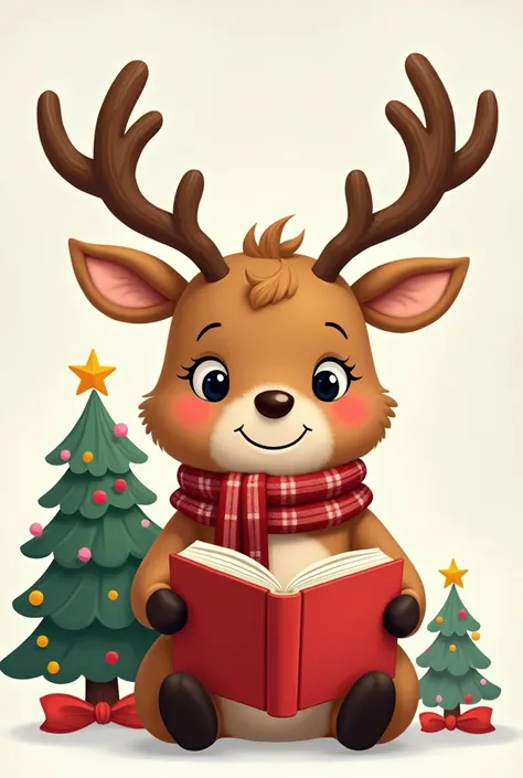 Illustration of a holiday scene with a seated reindeer wearing a red and white scarf and reading a book. The reindeer has big antlers and is standing in front of a decorated Christmas tree with a star on top. The reindeer has big expressive eyes, a cute sm...