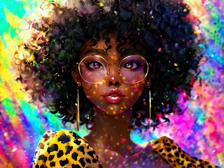     beautiful adult black woman, 30th Generation、Dark Skin, Alone、 Big Breasts 、   big butt 、Glasses、amount、広いamount、Afro、 Curly Hair、 Curly hair 、Thick lips、  big earrings、Nose Piercing、leopard print jumpsuit、 WIDE LEG PANTS、  ruffle apron  、 be happy、 en...