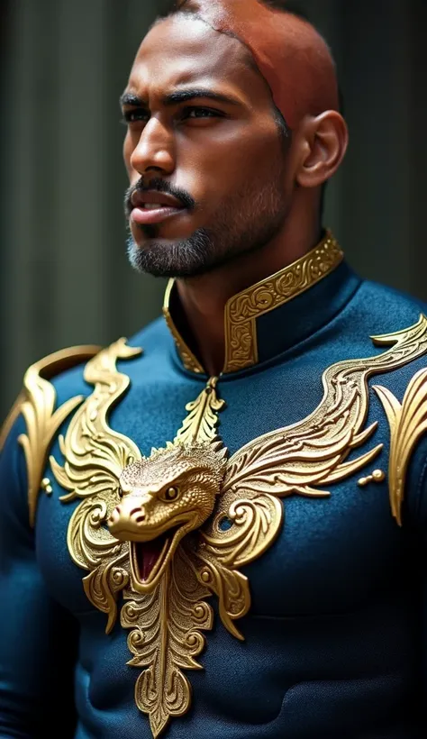 A close up of a person in a suit with an anaconda in their chest, super-normal man Plus herói super villain do serial The Boys, dragon inspired suit, in the style of marvel and dc, Dwayne Johnson as Spider-Man ,  gold amader suit , blue gold suit, inspired...